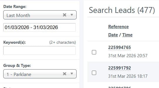 Parklane Properties CRM search leads report for March 2026