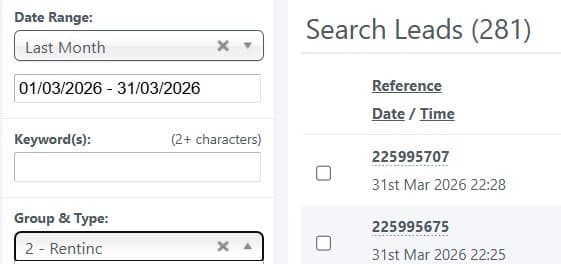 rentinc CRM search leads report for March 2026